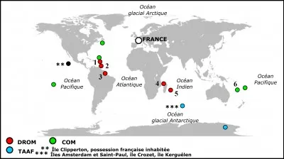 À partir du croquis, à quels numéros correspondent les territoires ultramarins ?