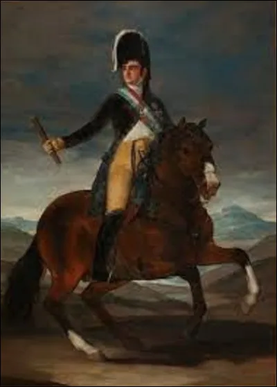 Datant de 1808, ''Portrait équestre de Ferdinand VII'' représente le roi d'Espagne avant que ce dernier ne quitte son pays chassé par Joseph Napoléon Bonaparte. Quel préromantique a peint ce tableau ?