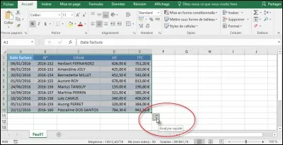 Lorsque une plage de données est sélectionnée, le bouton (Analyse rapide) s'affiche en bas à droite de la sélection.
Que permet ce bouton (si les données s'y prêtent) ?