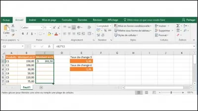 J'ai saisi dans la cellule C2 la formule =B2*E2 afin de calculer le montant en $. J'utilise la poignée de recopie pour copier la formule dans toute la colonne C.
Que devient mon tableau ?