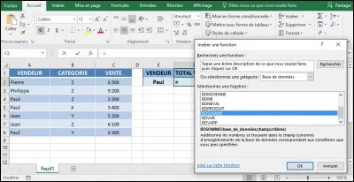 J'ai une base de données nommée base. Je veux connaître le montant des ventes pour le vendeur indiqué en cellule E2. J'utilise le bouton insérer une fonction pour créer la formule de base de données BDSOMME() dans la cellule F2. Comment dois-je remplir la boîte de dialogue arguments de la fonction ?