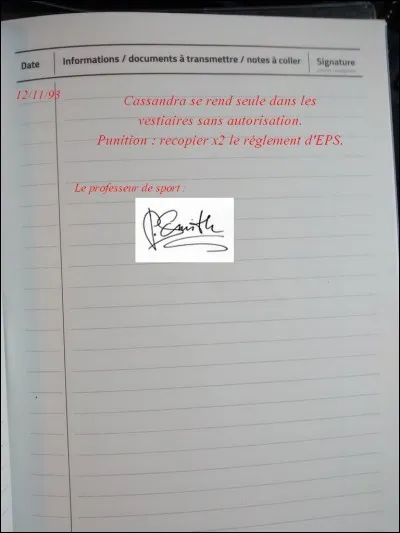 À la fin du cours, j'attends le groupe dans le couloir du gymnase quand le professeur me sermonne et me sanctionne pour avoir...