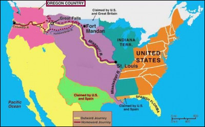 Lorsque le Congrès entreprend ce voyage, la partie centrale (en mauve) du territoire vient d'être achetée [à qui ?] et l'Oregon est revendiqué par l'Angleterre, l'Espagne, les USA et [quel autre pays ?]