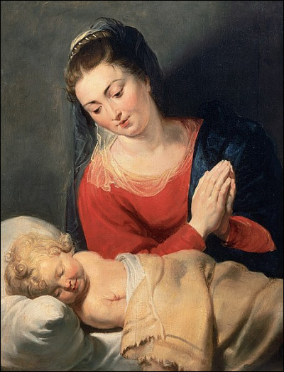 Quel peintre baroque du XVIIe a réalisé le tableau "Vierge en adoration devant son enfant" ?