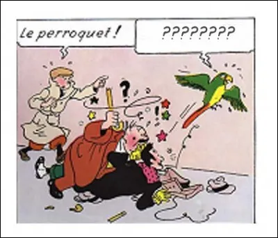 Hergé a souvent des problèmes avec les perroquets... Peut-être parce-qu'il ne l'était pas, son père, ok ! Quelle est l'insulte préférée de celui ci-dessus ?