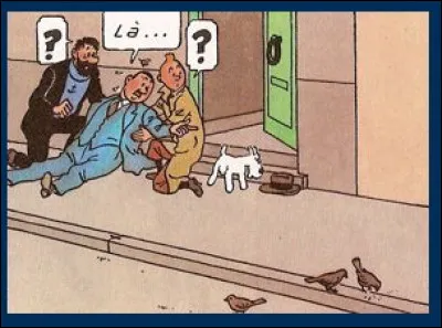 Le sieur Barnabé, à l'article de la mort, désigne quelque chose à Tintin et Haddock pour livrer le nom de ses agresseurs. Quel est-il ?