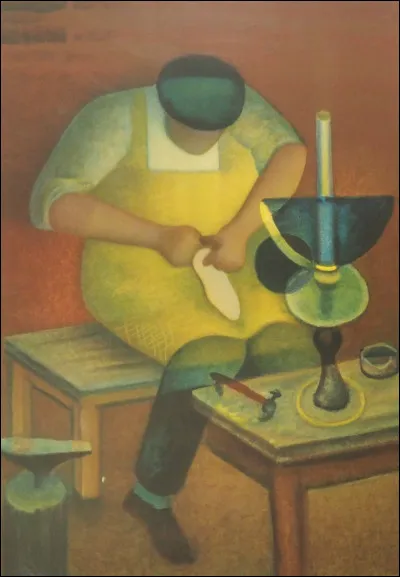 Un homme bricole, assis sur un tabouret, qui l'a repr&eacute;sent&eacute; ?