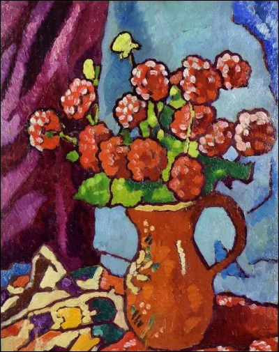 Qui est le peintre du tableau "Fleurs rouges à la cruche" ?