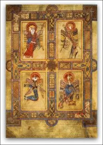 Que repr&eacute;sentent les quatre animaux sur cette page du livre de Kells ?