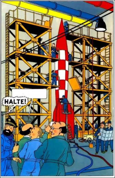 Tournesol est encore sur le coup : que dit-il, dans sa bulle ? Et pourquoi la fusée arbore un damier blanc et rouge ?