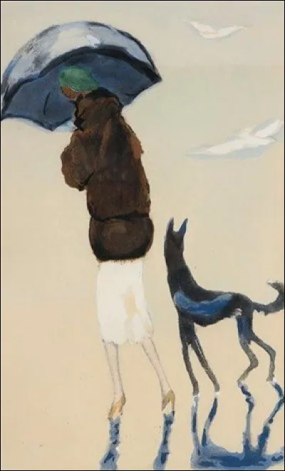 Qui a peint "Femme au parapluie avec un chien sur la plage" ?