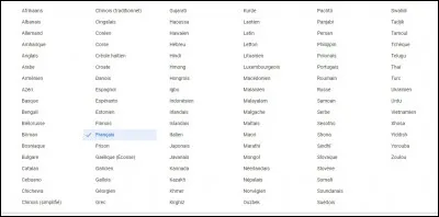 Je voyage beaucoup et partout dans le monde. Tous ne parlent pas français. C'est pour cela que j'emploie deux personnes parlant plusieurs langues, afin de jouer aux traductrices. 
Quelle langue n'apparaît pas dans cette liste ?