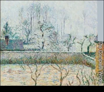 Sa toile s'intitule "Paysage avec maison et mur de clôture, brume et givre, Eragny" :