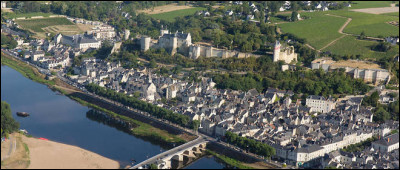 Ville du département d'Indre-et-Loire, située sur la Vienne aux confins de la Touraine, de l'Anjou et du Poitou, dominée par son château bâti sur un éperon rocheux :