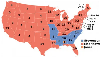 Il s'agit de la carte électorale de l'élection présidentielle américaine de 1956. Quelle est la couleur du parti démocrate ?