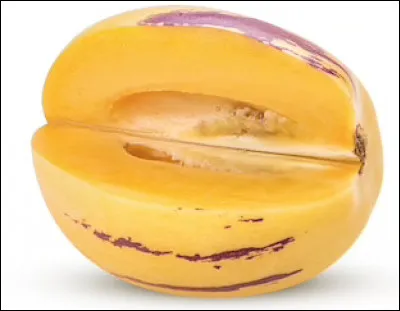 Quel est ce fruit à la peau jaune striée de rayures pourpres dont la chair très juteuse a un goût de concombre ?