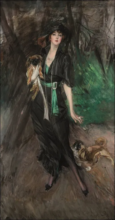 Portrait de femme en robe noire, c'est Lina Bilitis avec ses deux pékinois, représentée par le peintre :