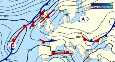 Sur la carte isobarique ci-dessous, déterminez où se situent l'anticyclone et la dépression et en fonction des isobares en déduire la direction du flux sur notre pays.