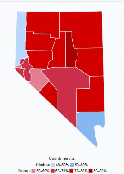 La carte présente les résultats des votes par comté en 2016 dans le Nevada. À votre avis, qui a remporté l'État ?
