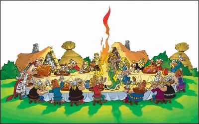 Toutes les aventures d'Astérix et Obélix finissent par un énorme banquet. C'est l'occasion de boire et de manger ...