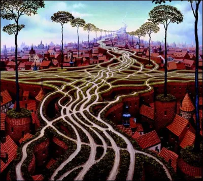 Voici maintenant une toile de Yacek Yerka. Regardez bien son style à lui aussi, pour le reconnaître dans les questions suivantes. Où diriez-vous que mènent tous ces chemins ?