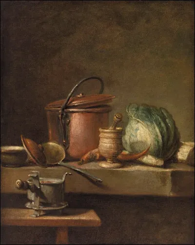 Qui a peint "Table de cuisine avec marmite de cuivre, chou, égrugeoir et réchaud" ?