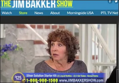 Épidémie de charlatans > USA : Avec un tel président, qu'attendre donc de ses administrés ? Jim Bakker, télévangéliste notoire*, est assisté d'une ... pour un remède miracle à 165 $ contre ... (Complétez les pointillés !)