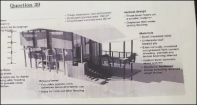 La figure ci-dessous illustre un bâtiment adapté aux inondations. Si des incitants financiers conduisent la population à privilégier ce type de construction dans une zone inondable donnée, quelle ligne du tableau ci-dessous décrit au mieux l'évolution des différentes grandeurs caractéristiques du risque d'inondation ?