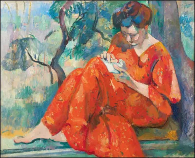 Qui a peint le tableau "Couseuse en robe rouge" ?