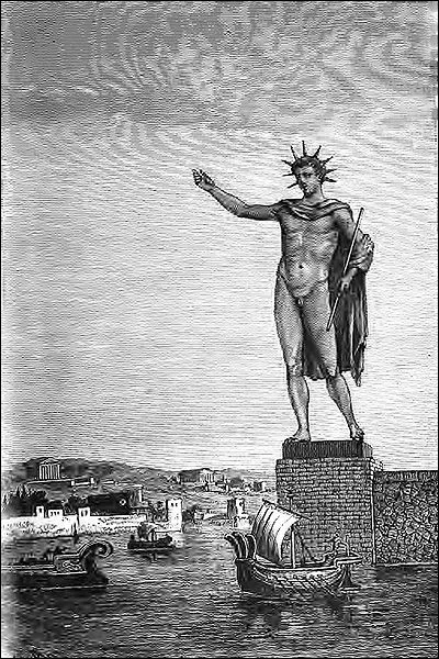 Représentée sur cette gravure de Sydney Barclay, quelle statue antique a inspiré la statue de la Liberté ?