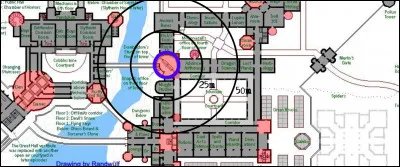 Le projectile n'a pu être envoyé que depuis un seul endroit dans le château. Procédez par élimination en recoupant les témoignages des préfets (Q3) et du moine gras (Q3), ainsi qu'avec les données sur les trajectoires et le plan du château...