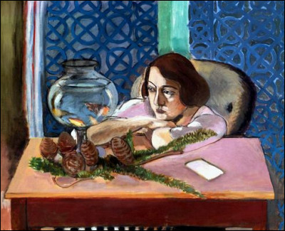 Quel peintre est l'auteur du tableau "Femme assise à table devant un aquarium" ?
