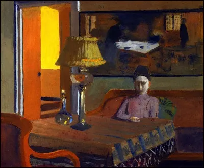 Qui a peint le tableau "Femme en robe violette assise à table" ?
