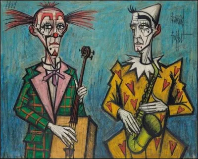 De droite à gauche, quels instruments les deux clowns tiennent-ils dans leurs mains ?