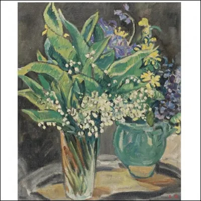 Qui a peint "Vase de muguet et cruche verte, fleurs bleues" ?