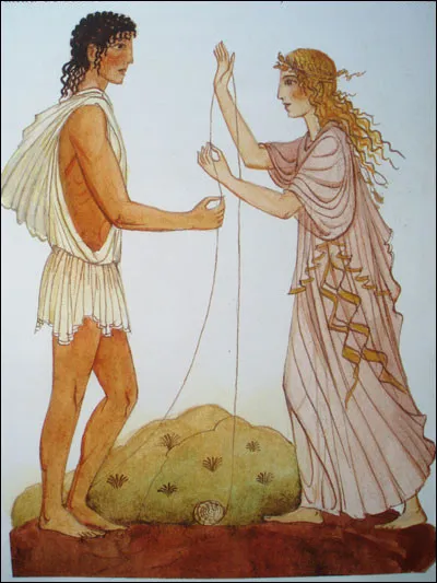 Ariane (une des filles de Minos) dit à Thésée qu'il doit s'aider d'une pelote de laine pour retracer son chemin après avoir vaincu le monstre. Mais pourquoi aide-t-elle Thésée ?