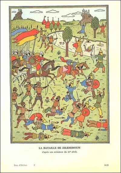 "Le Sceptre d'Ottokar" > Dans l'avion, Tintin feuillette une brochure sur la Syldavie : il y d&eacute;couvre une ancienne gravure repr&eacute;sentant la bataille de [...] contre les [...]. Compl&eacute;tez les crochets !