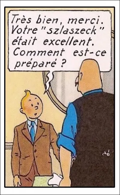 Avant de quitter le restaurant de spécialités syldaves "Klow", Tintin pose une question qu'il pense toute innocente : que lui répond le cerbè... le serveur ?