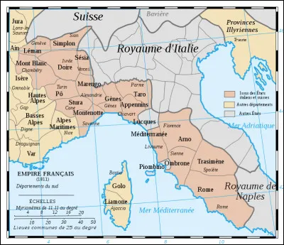 Le Mont-Blanc est une montagne très célèbre. Mais c'était aussi un département. Durant combien de temps y a-t-il eu un département nommé ainsi (nord-ouest de la carte ; comme préfecture Chambéry) ?