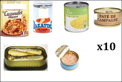 Passons aux nourritures et boissons. Voici les boîtes de conserve. Chacune est à multiplier par dix. Combien y a-t-il de conserves en tout ?