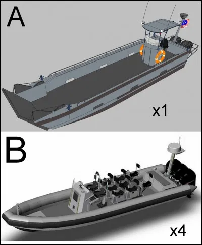 Même si la frégate n'est pas amphibie, elle dispose quand même d'une embarcation pour ce faire. Par ailleurs, des vedettes rapides sont disponibles pour les commandos. Quelle illustration correspond à ces derniers ?