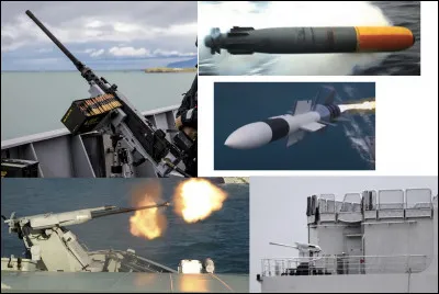 Cette frégate est, avant tout, un navire de guerre. Donc, elle est équipée d'armes de défense et d'attaque. Nommez-les !