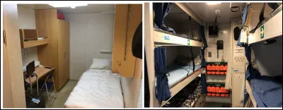 En parlant des cabines, les voici. Pour les officiers, il y en a deux munies d'un petit lit et, pour l'équipage, elles sont au nombre de huit, chacune comportant six couchettes. Combien de membres le navire compte-t-il ?