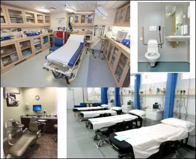 Voilà l'espace santé du navire. Quelle est la couleur des rideaux dans la chambre de repos ?