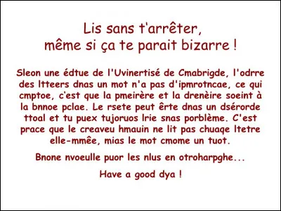 Vous avez bien lu ce texte ?&Eacute;tonnant, non ?Finalement, l'ordre des lettres dans les mots importe peu. Chacun d'eux est analys&eacute; comme un tout par le cerveau qui remet tout dans l'ordre instantan&eacute;ment.Bon, eh bien, maintenant, on passe &agrave; la punition du jour ! Vous allez devoir trouver quel mot &eacute;tait concern&eacute; par une faute d'orthographe, dans cet &eacute;nonc&eacute;, avant la r&eacute;forme orthographique de 2016.
