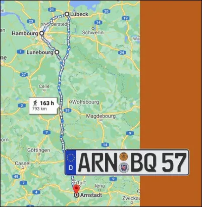 Pourriez-vous me dire &agrave; quoi correspond ce trajet sur la carte, d'Arnstadt (en Thuringe) &agrave; L&uuml;beck (sur la Baltique) et retour ?
