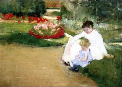 Qui a peint "Femme et enfant assis dans un jardin" ?