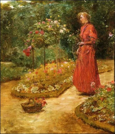 Qui a représenté cette femme coupant des roses dans le jardin ?
