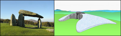 Commençons la visite par le dolmen de Pentre Ifan, dans le Pembrokeshire (Pays de Galles) : par rapport à la pyramide de Gizeh (- 2 650), quel âge aurait-il ?