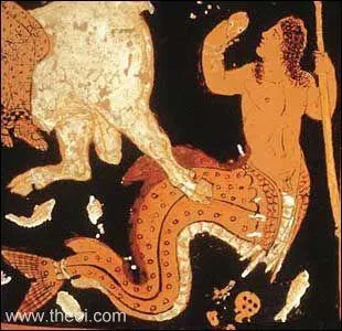 Dans la mythologie grecque, je suis une crature marine mi-homme mi-poisson charge de calmer les flots avec sa trompette marine. Qui suis-je ?